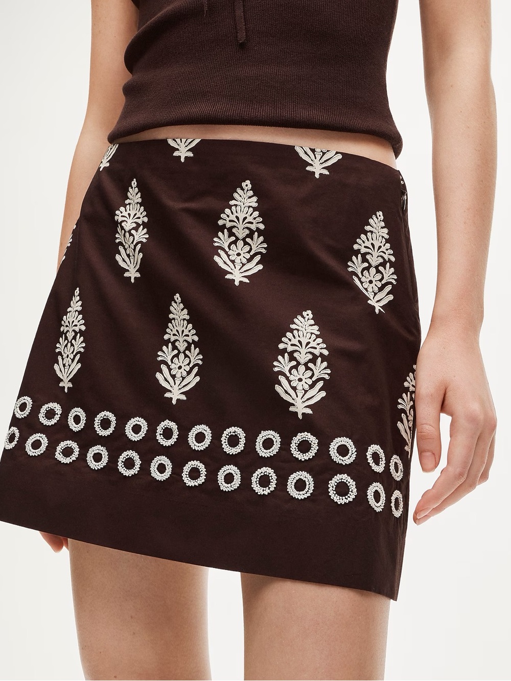 NWT J Crew Fairfax Mini Skirt in Beaded Cocoa Block Print